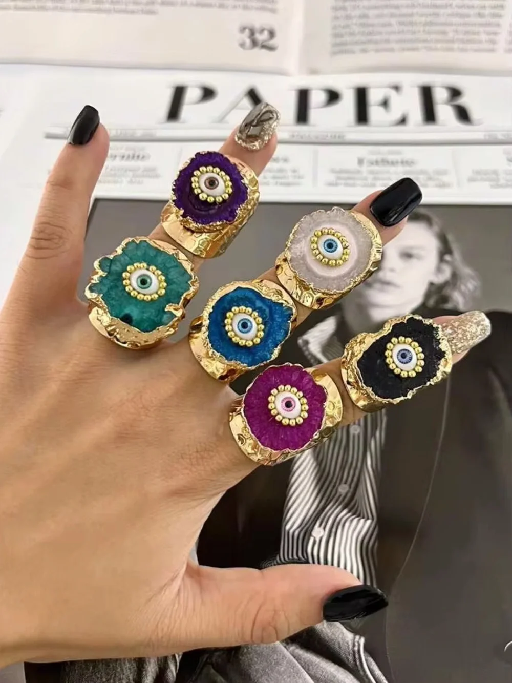 New! Gold-Plated White Synthetic Geode Agate Druzy Evil Eye Statement Ring